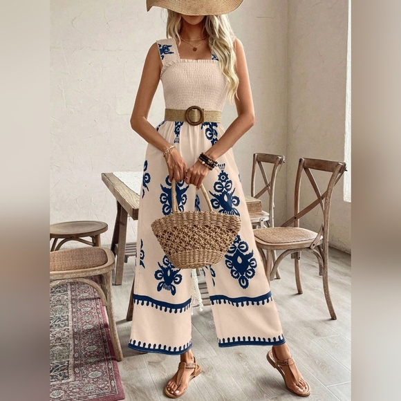 Women's Printed Sleeveless Jumpsuit With Wide Shoulder Straps For Summer